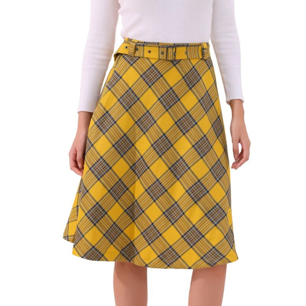 Tartan Plaid High Waist Belted Vintage A-Line Midi Skirt Dark Yellow